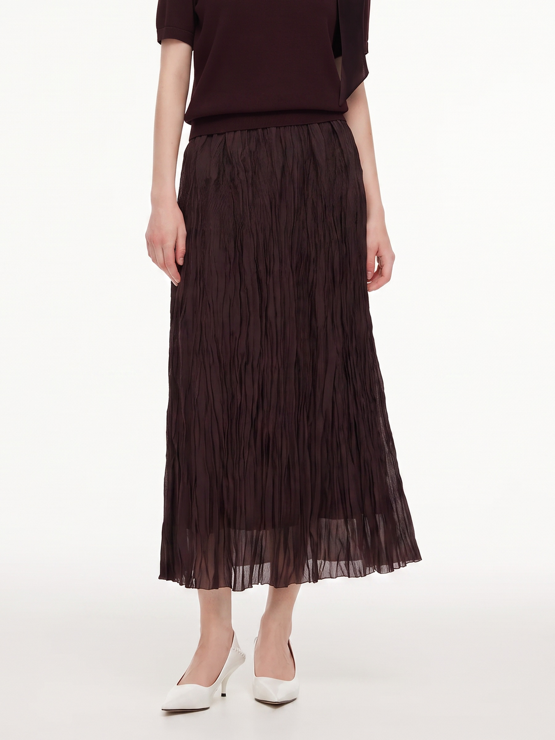 A-Line Elastic Waist Women Pleated Mesh Skirt GOELIA