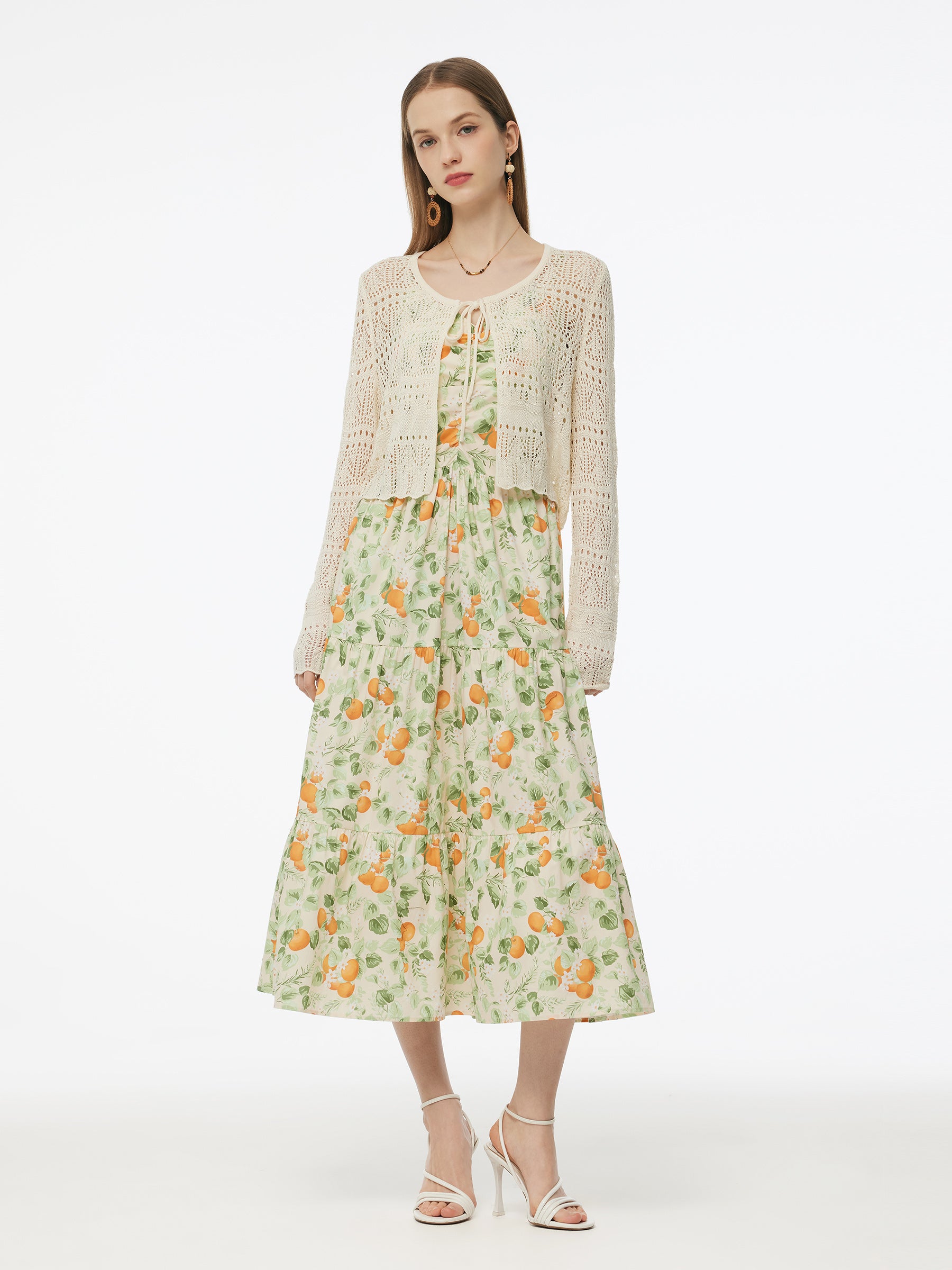 Cotton Floral Print Strap Maxi Dress And Openwork Cardigan Two-Piece Set GOELIA