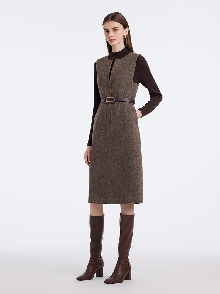 Washable Wool Vest Dress And Knitted Sweater Two-Piece Set With Belt GOELIA