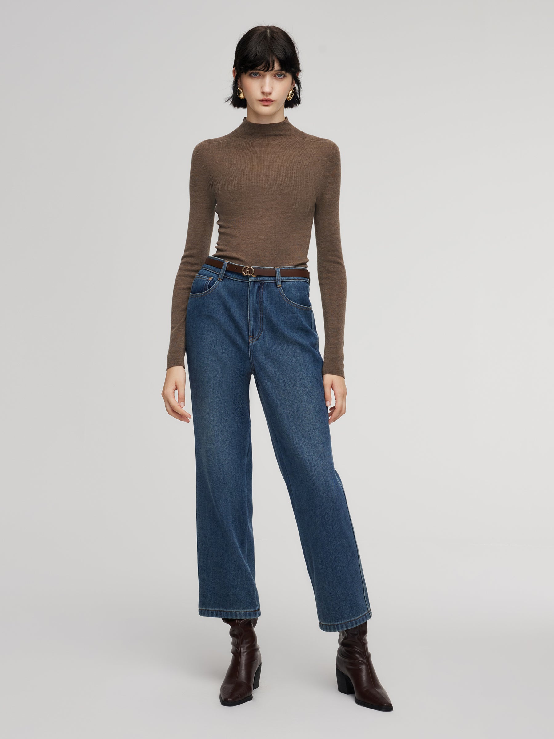 100% Cotton Denim Fleece Lined Women Straight Ankle Length Jeans GOELIA