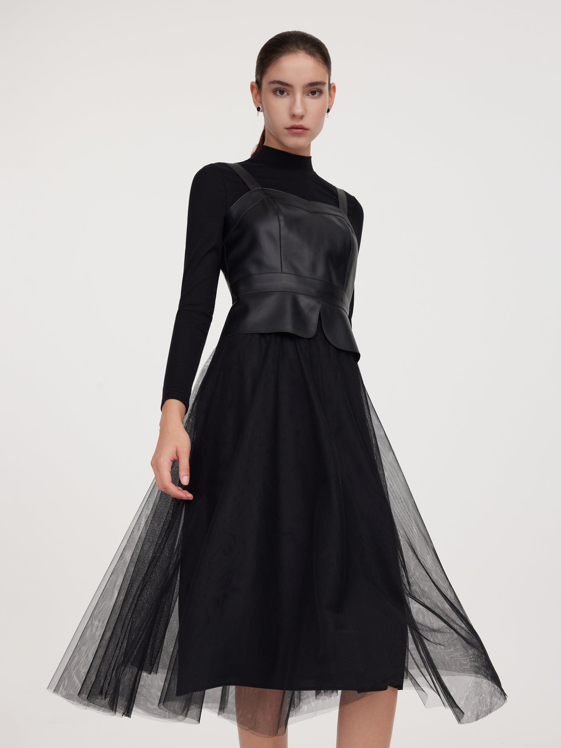 PU Leather Bustier Top & Knit Top & Mesh Skirt Three-Piece Set GOELIA