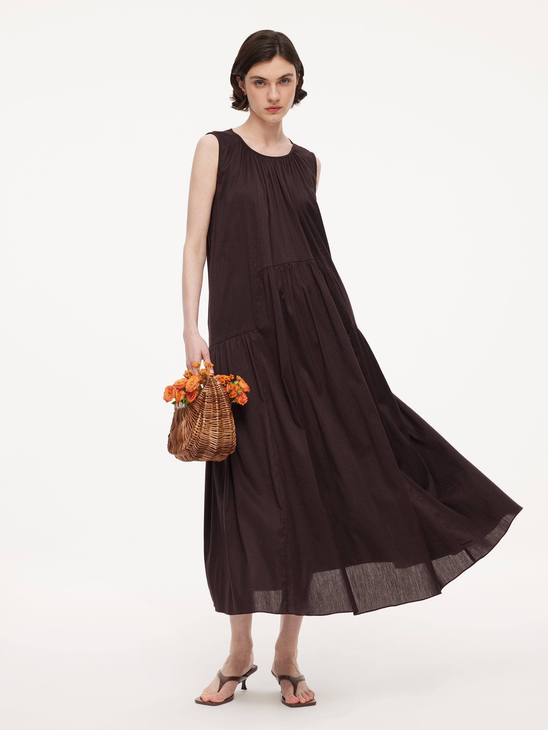 Cotton Blend A-line Women Sleeveless Maxi Dress With Self-Tie Belt GOELIA