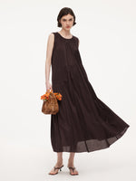 Cotton Blend A-line Women Sleeveless Maxi Dress With Self-Tie Belt GOELIA