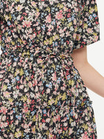 Cotton Puff Sleeve Drawstring Waist Floral Print Women Midi Dress GOELIA