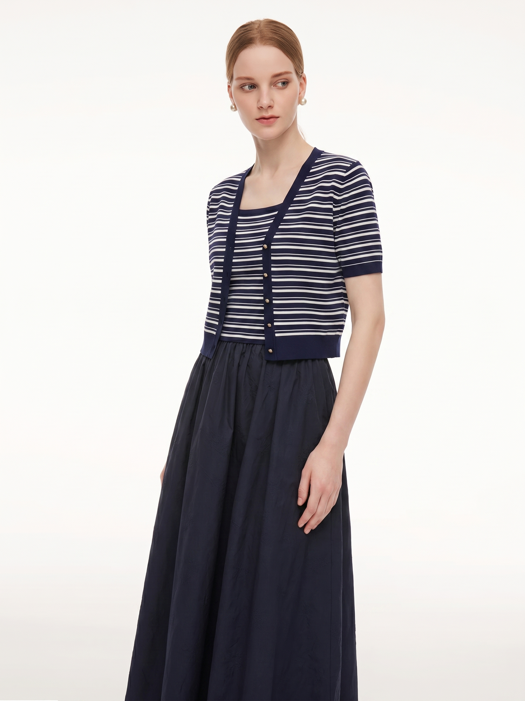 Tencel Blend Stripe Cardigan And Patchwork Strap Dress Two-Piece Set GOELIA