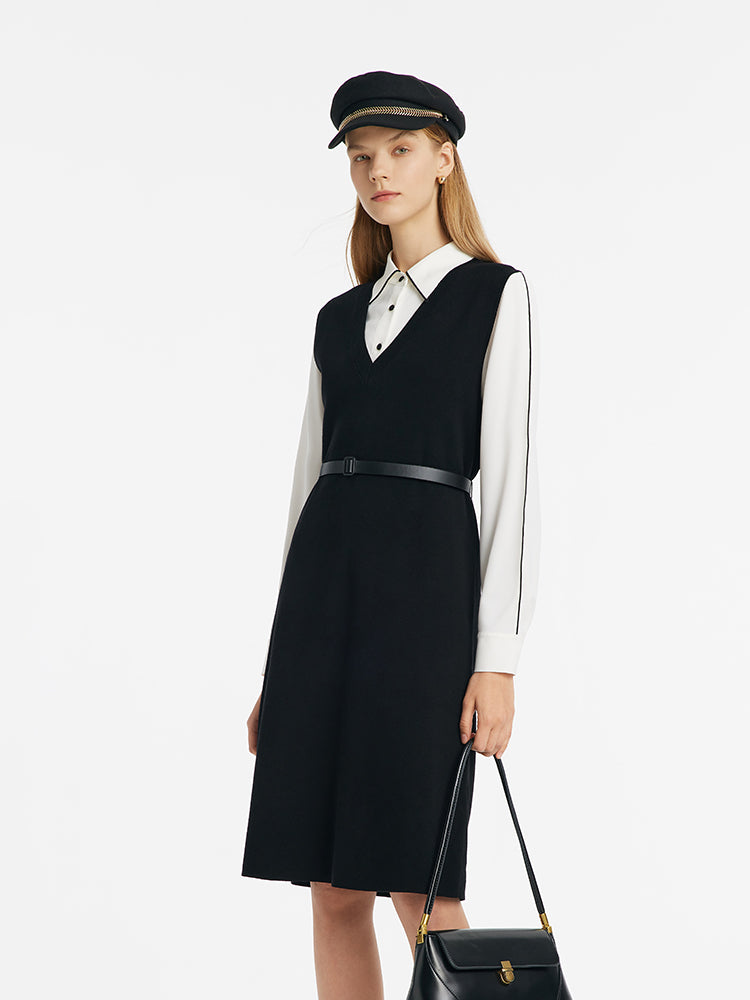 Contrast Trim Shirt And Knitted Vest Dress Two-Piece Set GOELIA