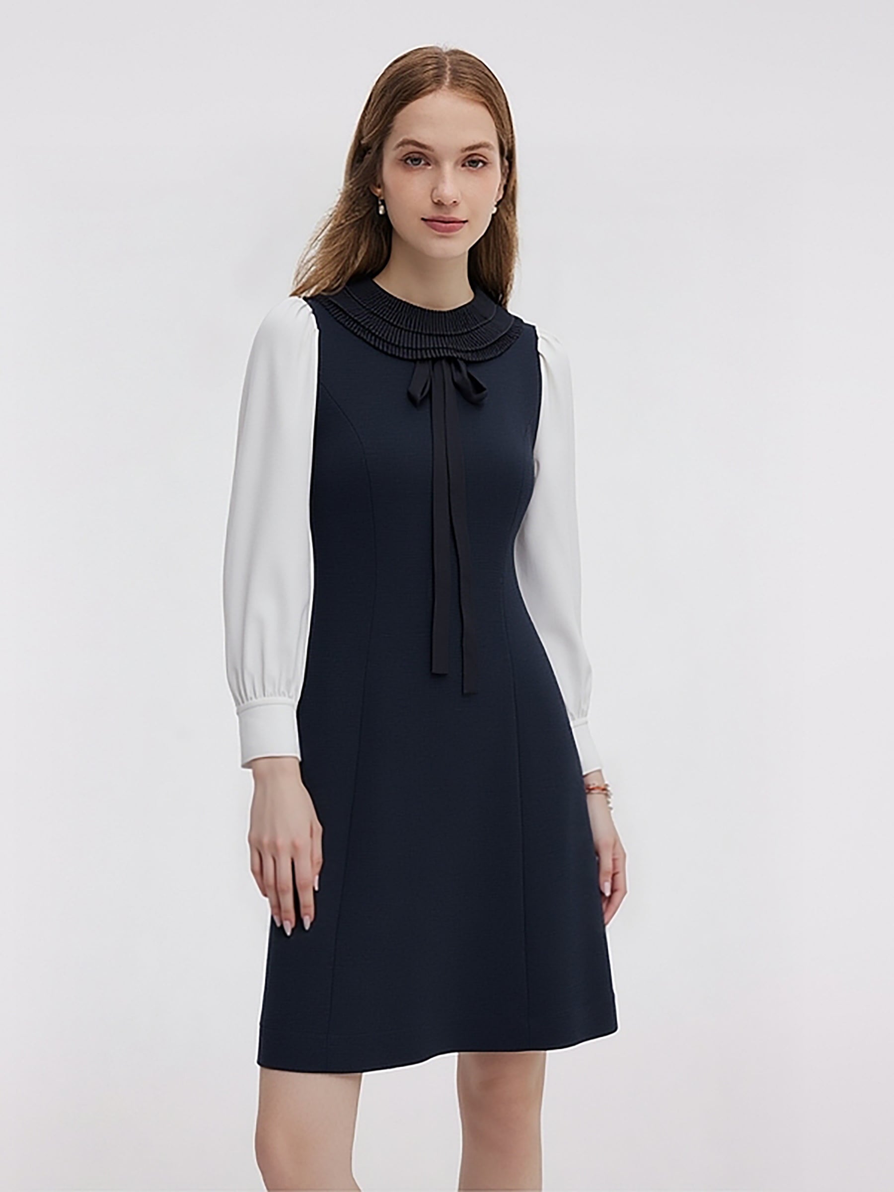 [Preview] Worsted Wool Blend Ruffle Collar Women Mini Dress With Detachable Ribbon GOELIA