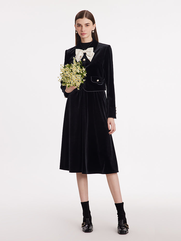 Velvet Crop Jacket And Skirt TwoPiece Suit With Detachable Bowknot