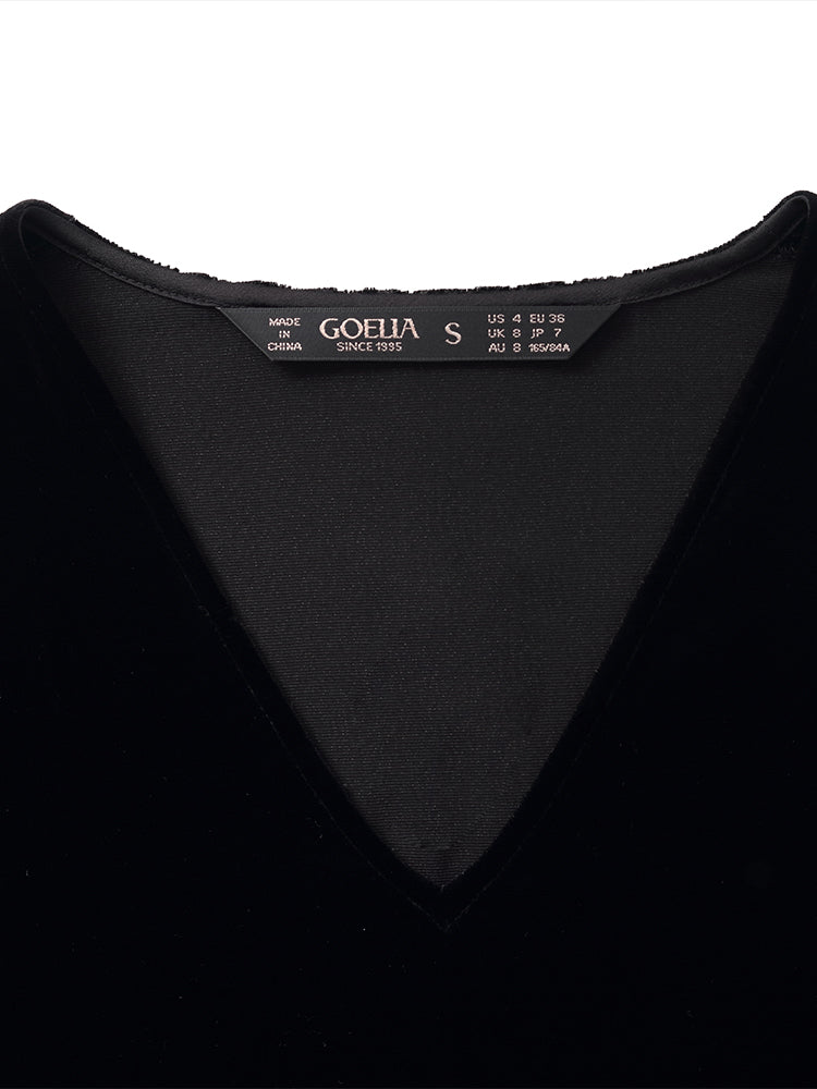 Silk Blend Patchwork V-Neck Women Midi Velvet Dress With Belt GOELIA