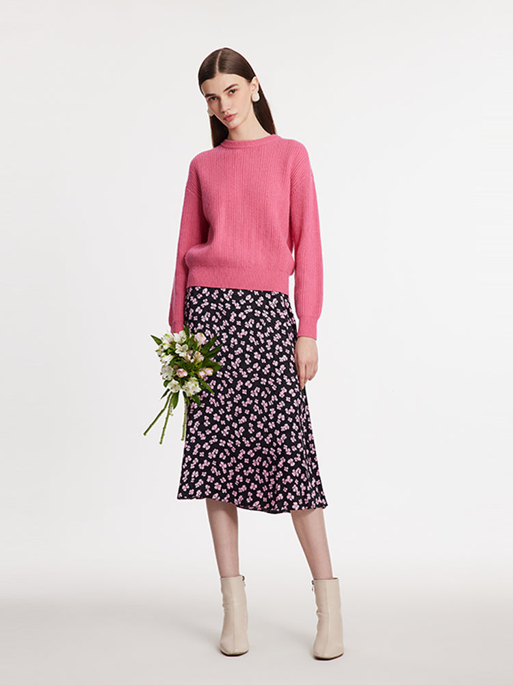 Sweater And Floral Printed Skirt Two-Piece Set With Knitted Bag GOELIA