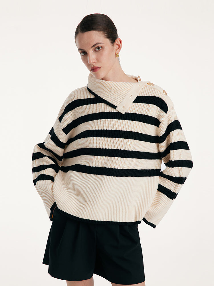 Thermostatic Wool Loose Striped Button-Shoulder Sweater GOELIA