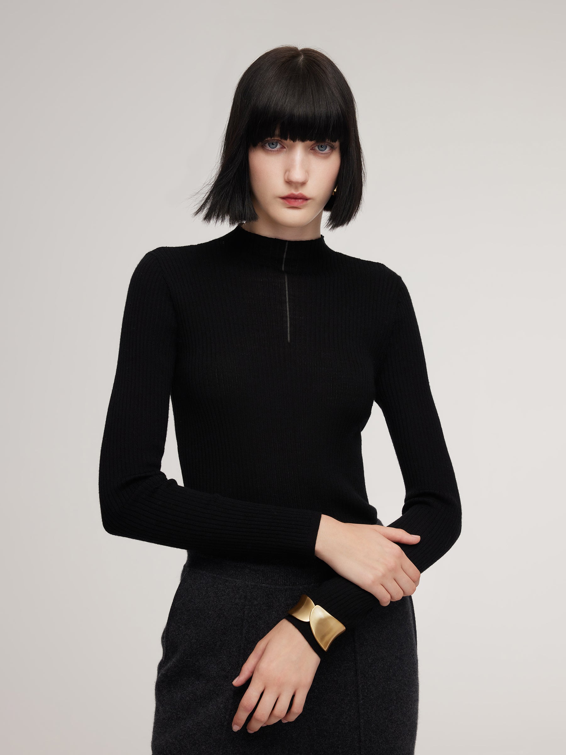 [Preview] 100% Washable Wool Mock Neck Women Knit Top GOELIA