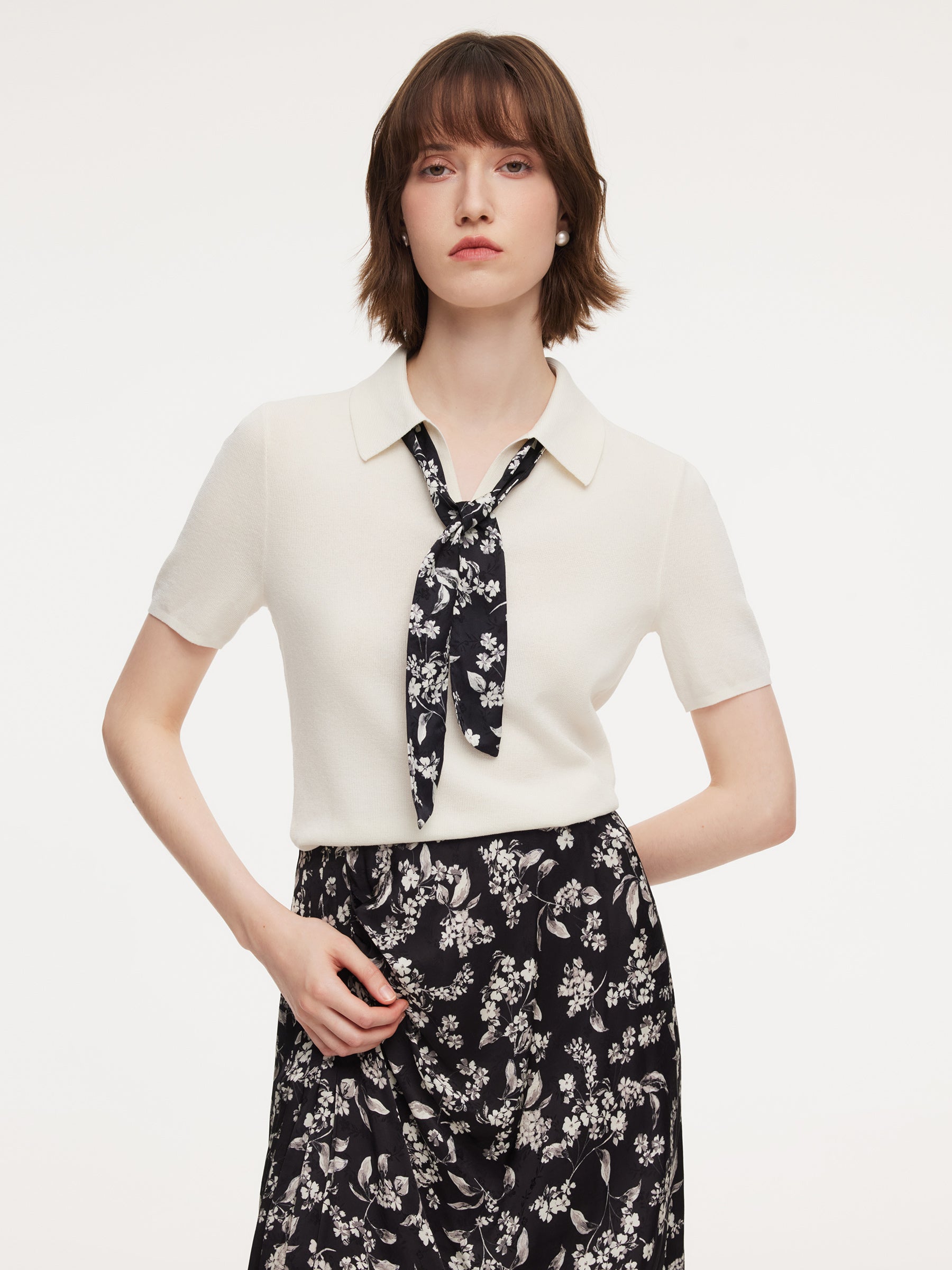 Tencel Blend Women Knit Top With Floral Print Scarf GOELIA