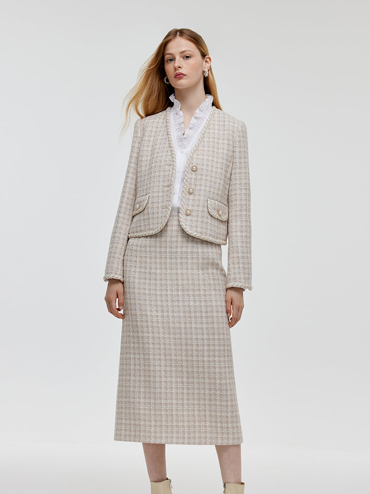 Tweed Crop Jacket & Pleated A-line Skirt Two-piece Set in Pink