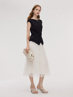 Adjustable Hem Knit Top And Mesh Pleated Skirt Two-Piece Set GOELIA