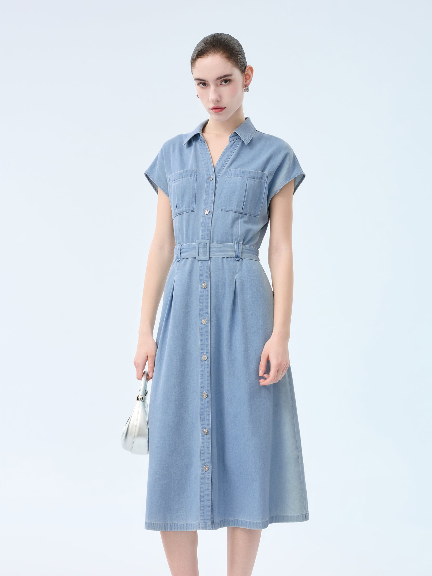 100% Cotton Denim Women V-Neck Maxi Shirt Dress With Belt GOELIA