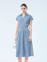100% Cotton Denim Women V-Neck Maxi Shirt Dress With Belt GOELIA