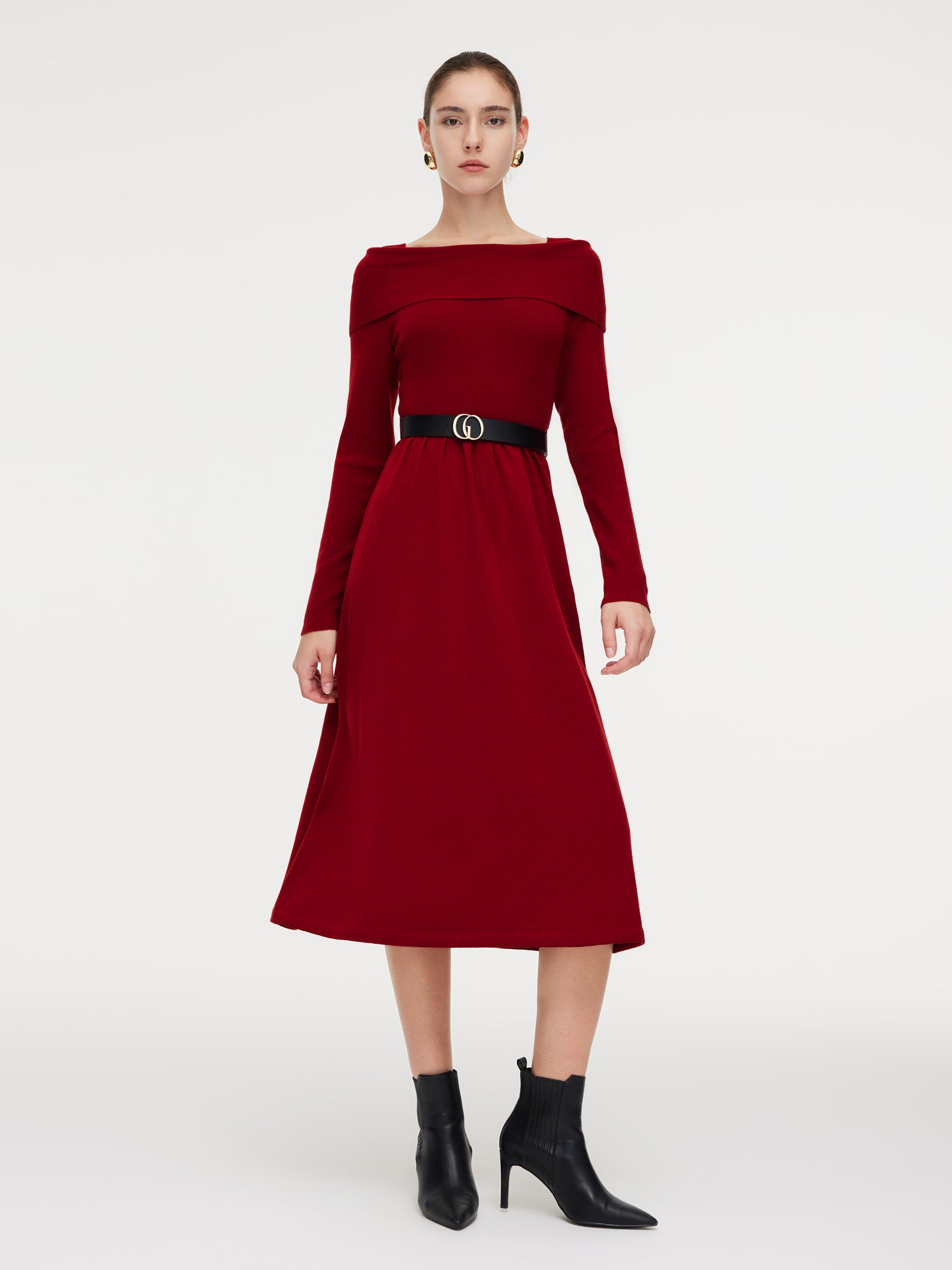 Tencel Wool Blend Boat Neck Women Knit Maxi Dress With Leather Belt GOELIA