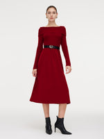 Tencel Wool Blend Boat Neck Women Knit Maxi Dress With Leather Belt GOELIA