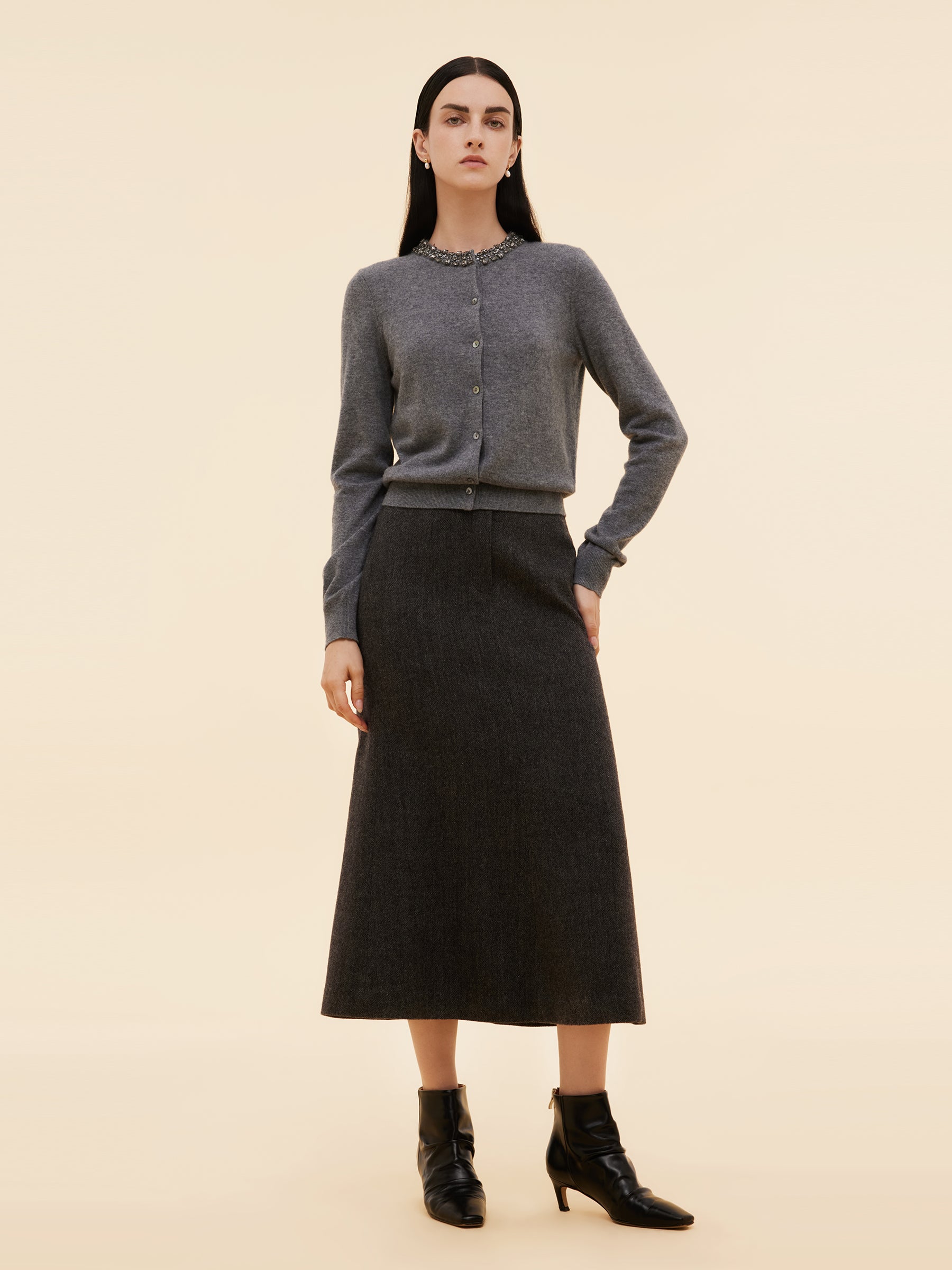 100% Wool Beaded Round Neck Women Cardigan GOELIA