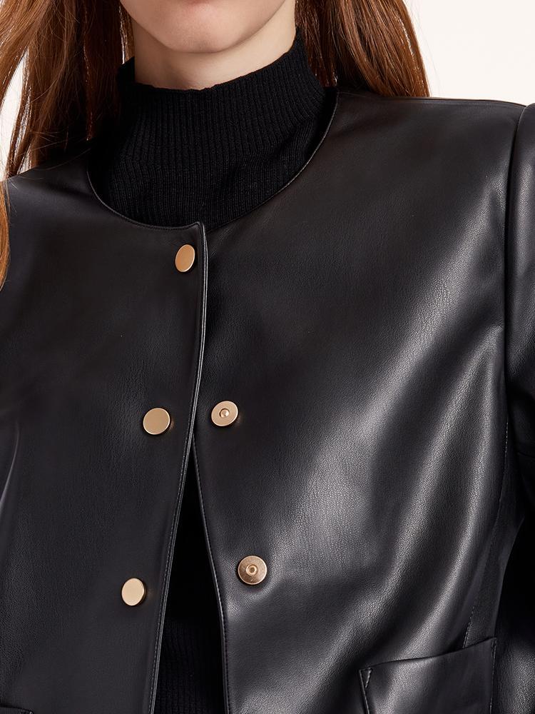 Round Neck Synthetic Leather Jacket GOELIA