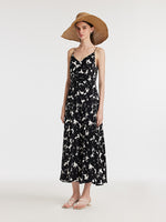 19 Momme Mulberry Silk Iris Printed Women Maxi Spaghetti Strap Dress With Scrunchie GOELIA
