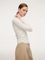 100% Wool V-Neck Ruched Women Polo Knit Top GOELIA
