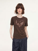 [Preview] Sequined Heart Round Neck Women T-Shirt GOELIA