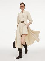 Cotton Blend 3/4 Ruched Sleeve Women Belted Maxi Shirt Dress With Silk Scarf GOELIA