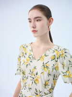 Cotton Lemon Print V-Neck Women Belted Midi Dress GOELIA