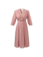 V-Neck Pleated Lace Up Wrap Midi Dress GOELIA