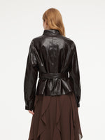 PU Leather Stand Collar Wind-Proof Women Belted Jacket GOELIA
