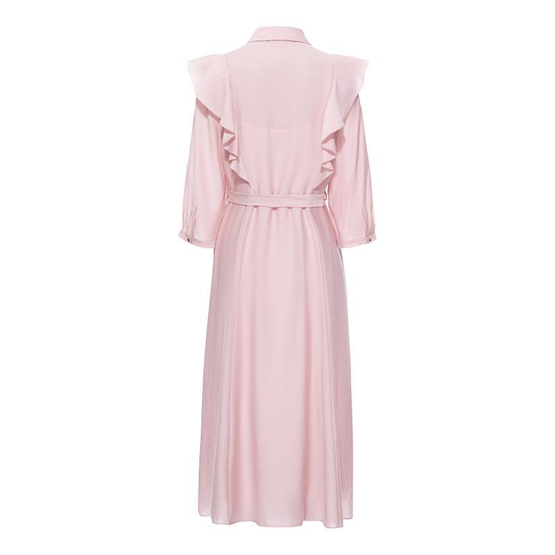Ruffled Hem Acetate Dress With Belt GOELIA