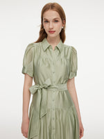 Tencel Blend Puff Sleeve Women Belted Maxi Shirt Dress GOELIA