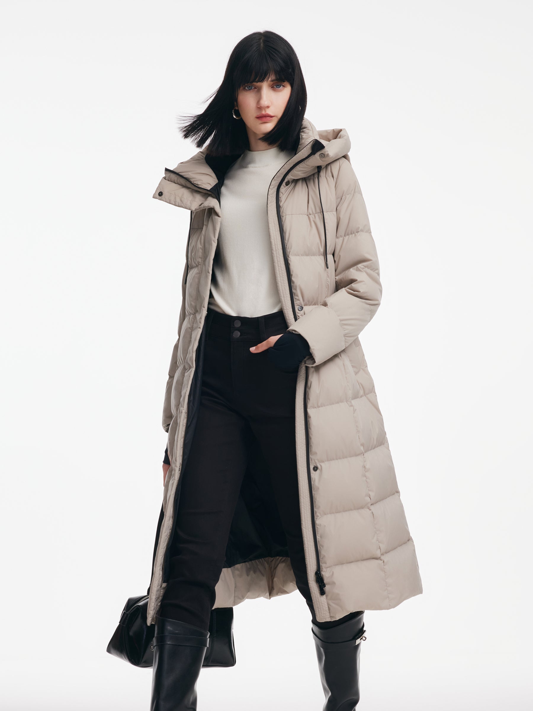 [Preview] Longline Subtle Plaid Belted Goose Down Hooded Overcoat GOELIA