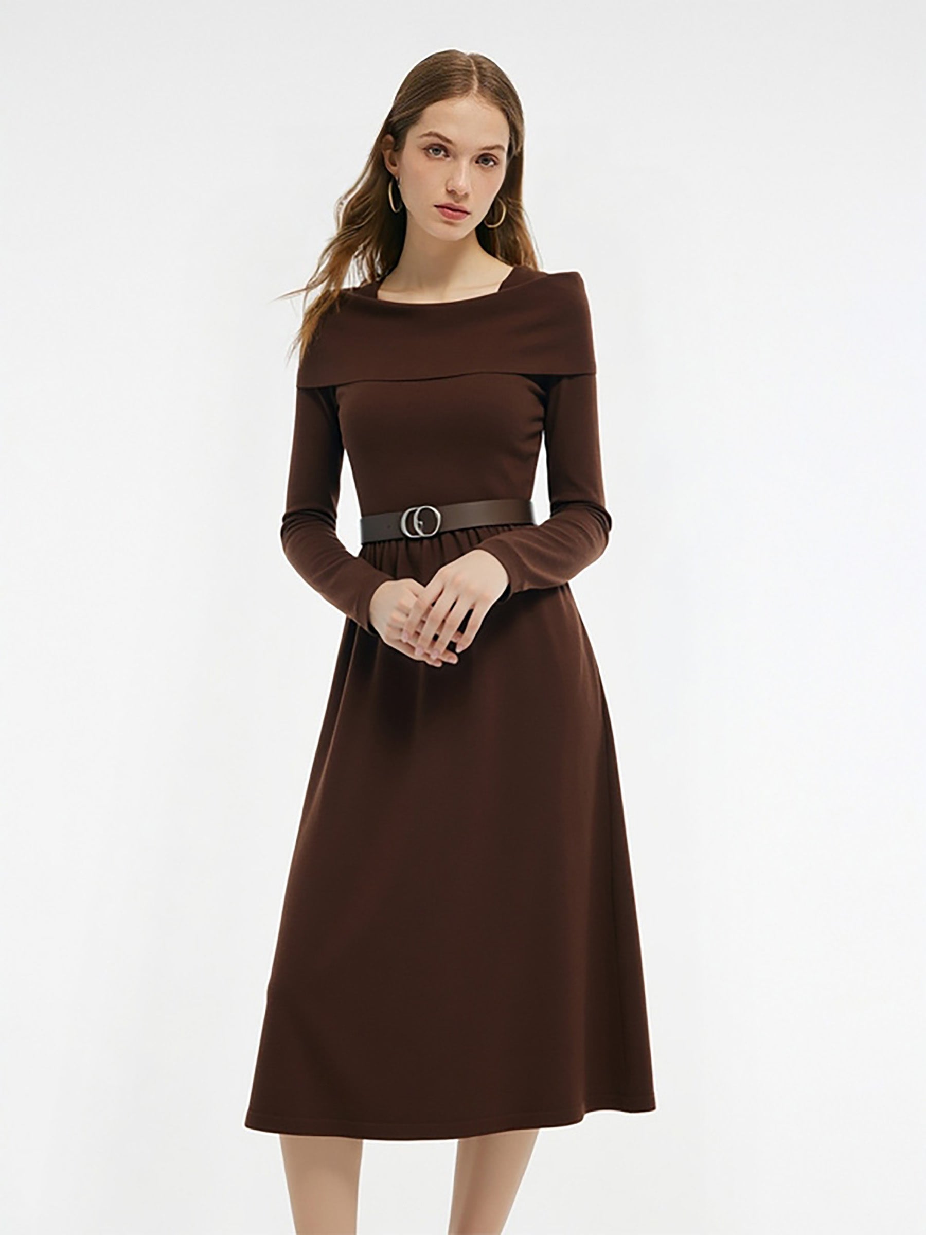 Lyocell Blend Boat Neck Gathered Waist Women Maxi Dress With Leather Belt GOELIA