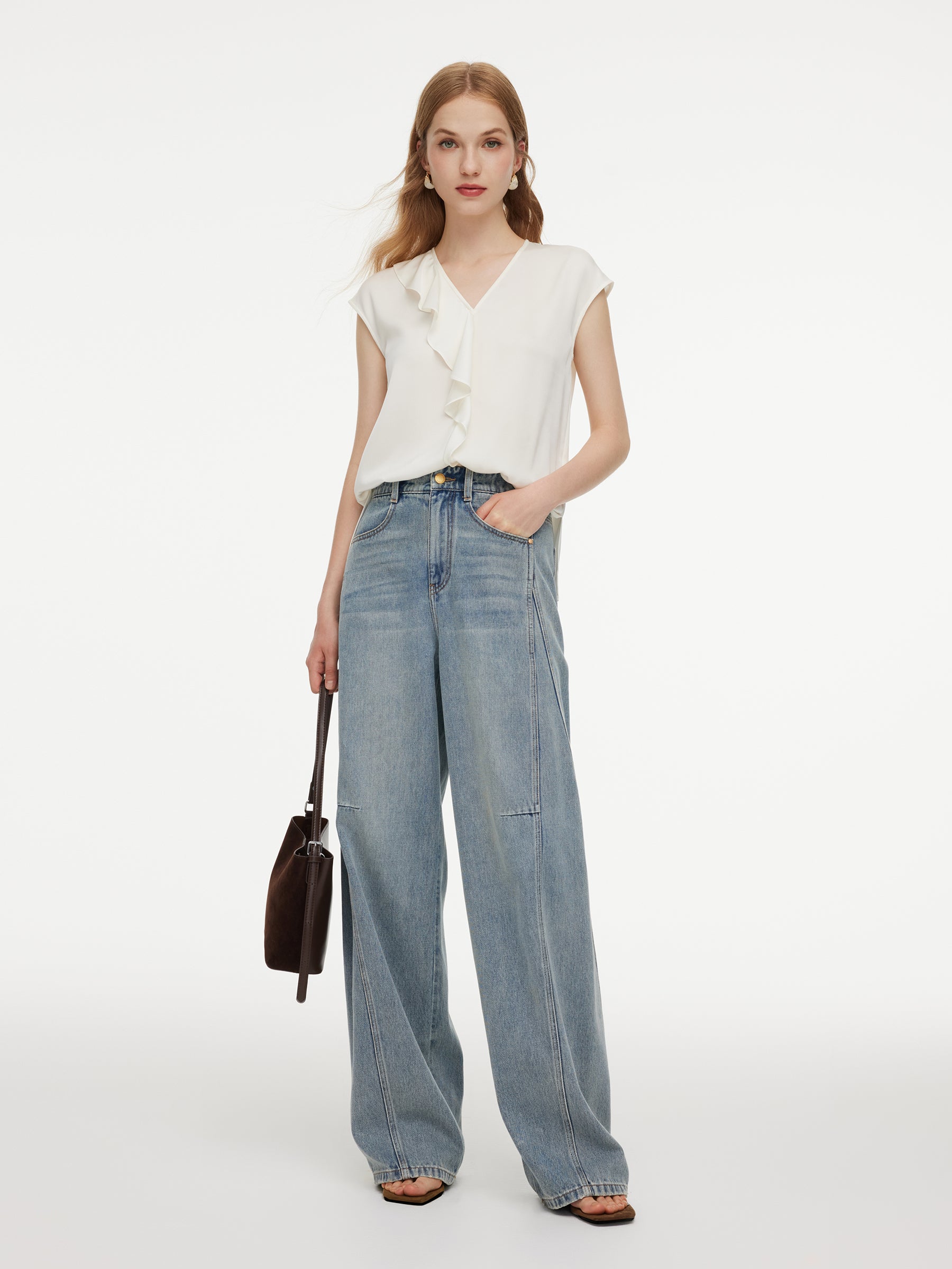 22MM Mulberry Silk Asymmetrical Ruffle Women Blouse GOELIA