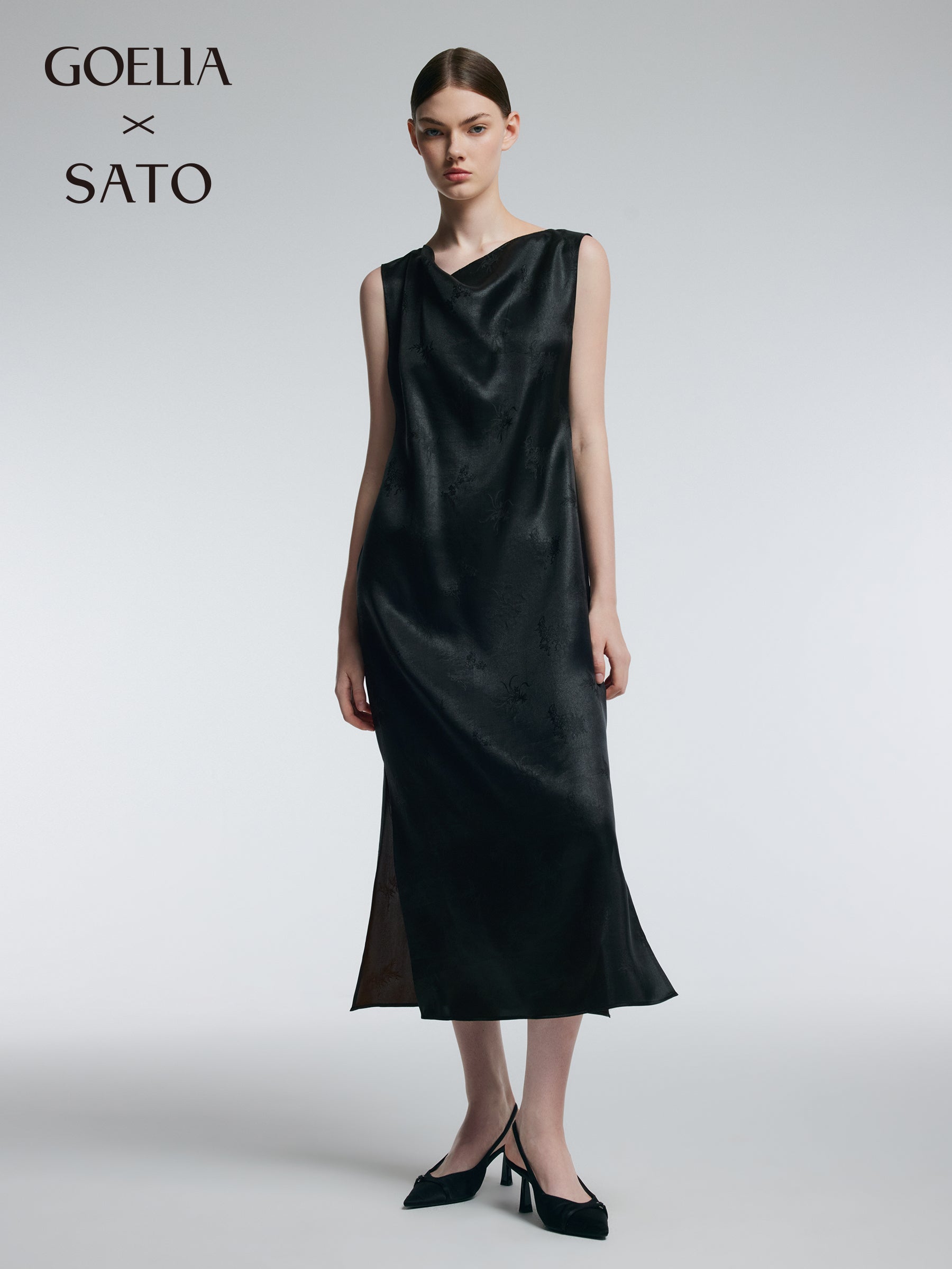 19MM Gambiered Canton Gauze Women Jacquard Cowl Neck Maxi Dress GOELIA