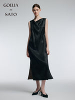 19MM Gambiered Canton Gauze Women Jacquard Cowl Neck Maxi Dress GOELIA