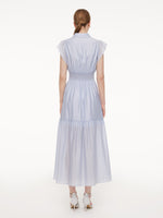Tencel Acetate Blend Ruffle Cap Sleeve Women Maxi Dress With Ribbon GOELIA