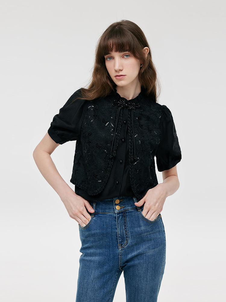 New Chinese-Style Lace Sequins Patchwork Women Blouse GOELIA