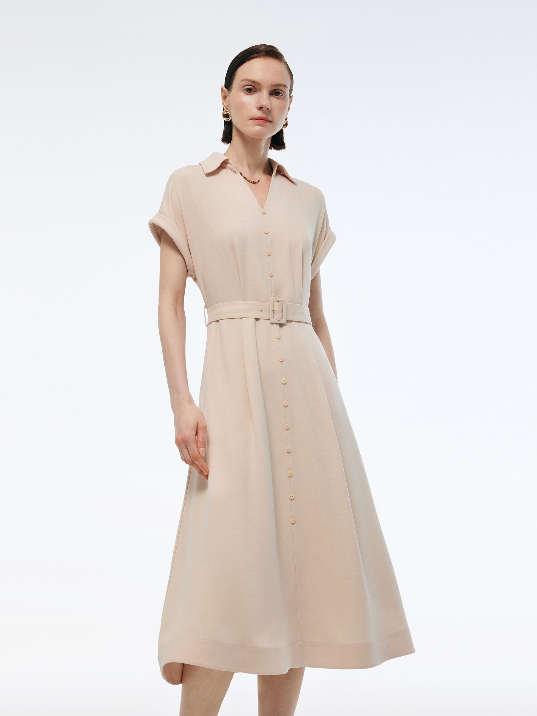 100% Acetate V-Neck Women Maxi Dress With Belt GOELIA