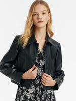 Eco-Friendly Leather Lapel Women Crop Jacket GOELIA