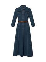 Denim Gathered Waist Women Maxi Dress With Belt GOELIA