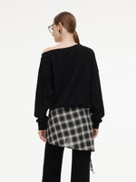 Cotton Scuba One-Shoulder Women Sweatshirt With Plaid Ribbon GOELIA