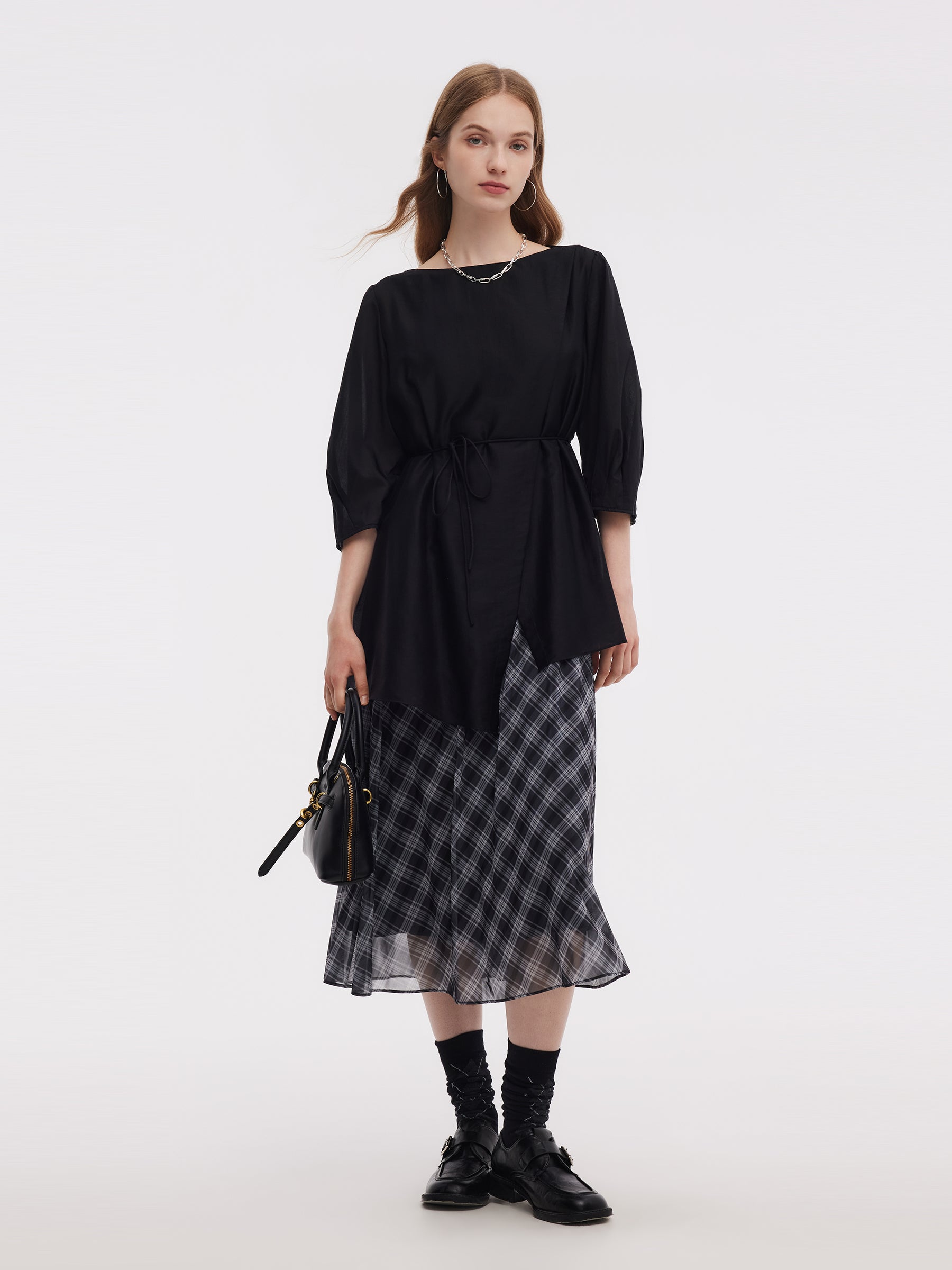Lyocell Blend Top And Sleeveless Plaid Maxi Dress Two-Piece Set GOELIA