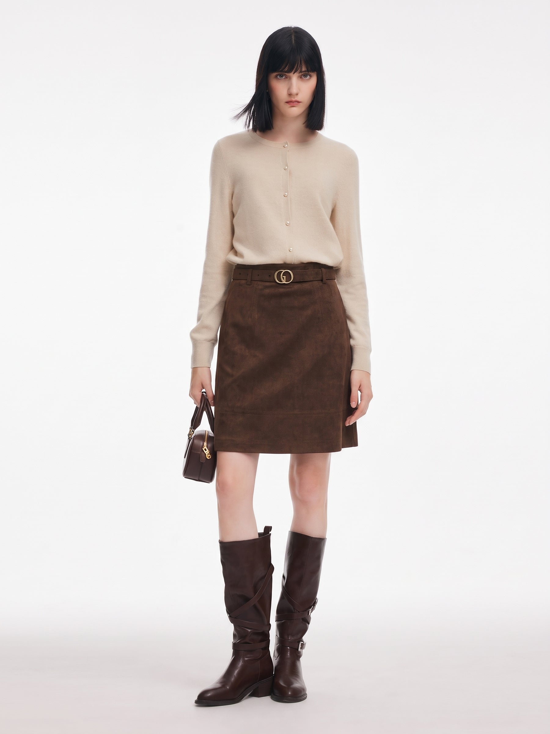 Faux Suede A-Line Women Belted Skirt GOELIA