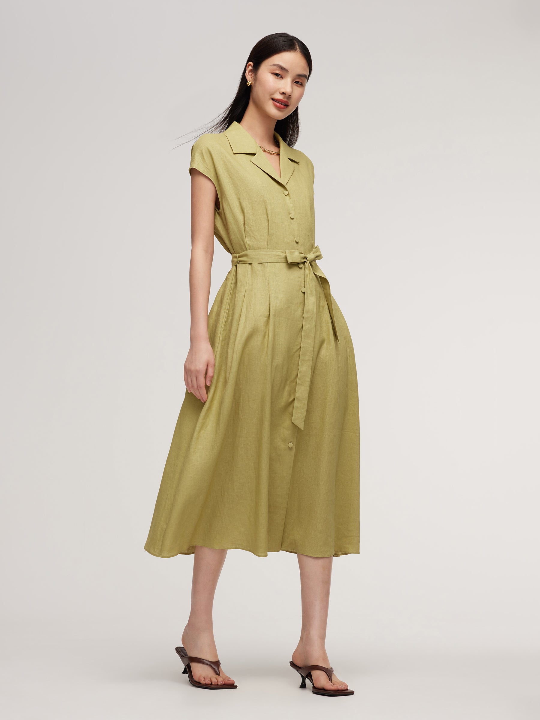 100% Linen Gathered Waist Women Self-Tie Belt Maxi Dress GOELIA