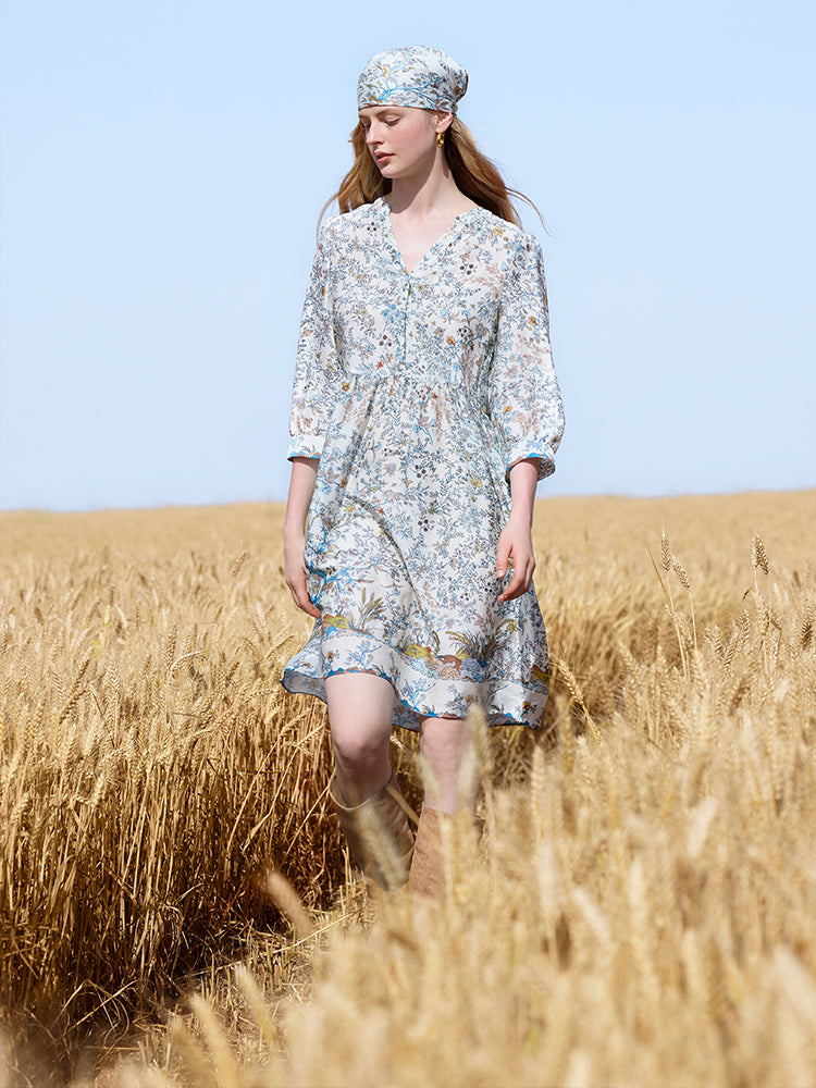 19 Momme Mulberry Silk Printed Women Mini Dress With Scrunchie GOELIA