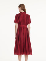 Tencel Blend Ruffle Neck Puff Sleeves Women Belted Maxi Dress GOELIA